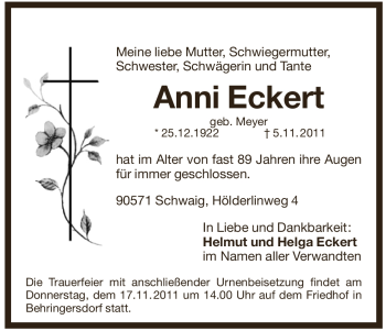Traueranzeige von Anni Eckert von Pegnitz-Zeitung
